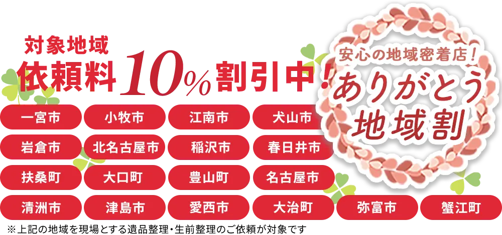 愛知県内対象地域の遺品整理・生前整理は10%割引！